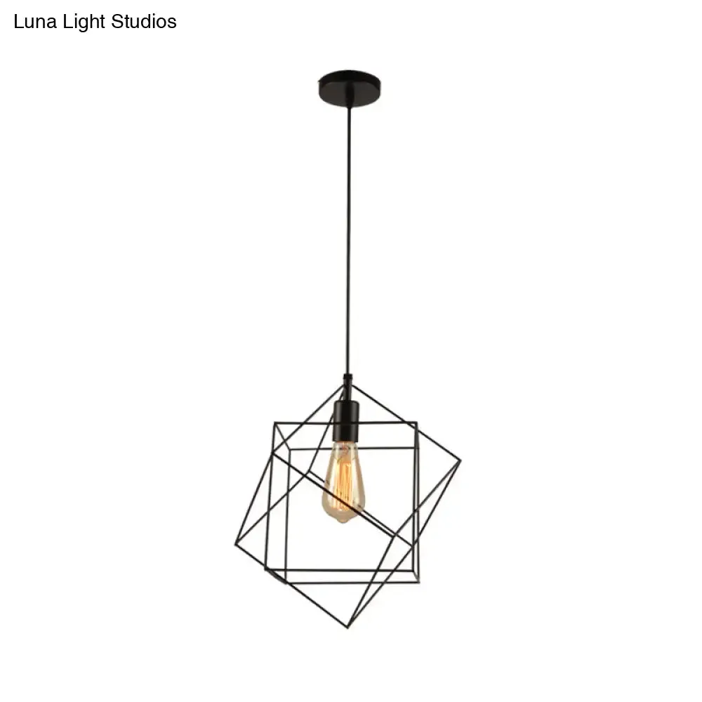 Hanging Industrial Black Metal Pendant Light - 1 Light Structural Cubic Design for Dining Room