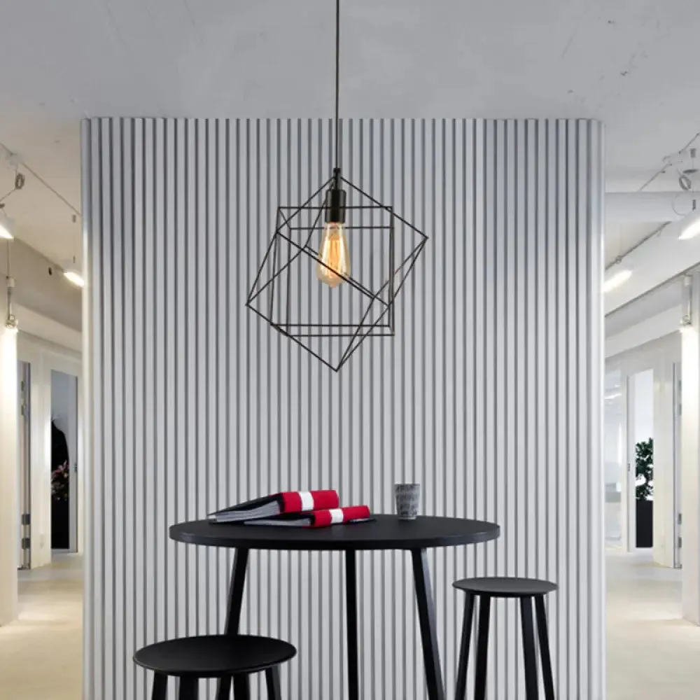 Hanging Industrial Black Metal Pendant Light - 1 Light Structural Cubic Design for Dining Room