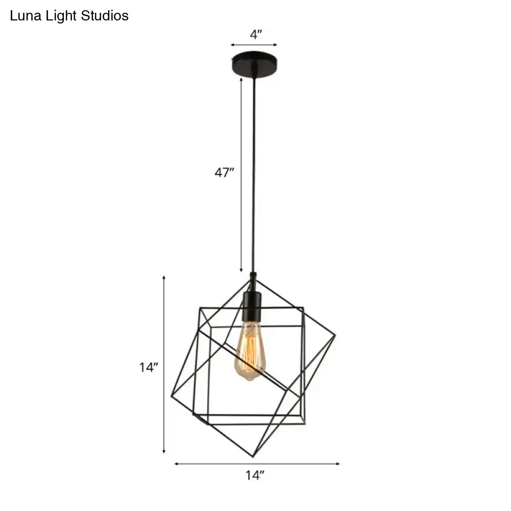 Hanging Industrial Black Metal Pendant Light - 1 Light Structural Cubic Design for Dining Room