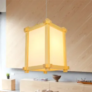 Japanese-Style Wood Pendant Light Fixture - Box Shape, Beige