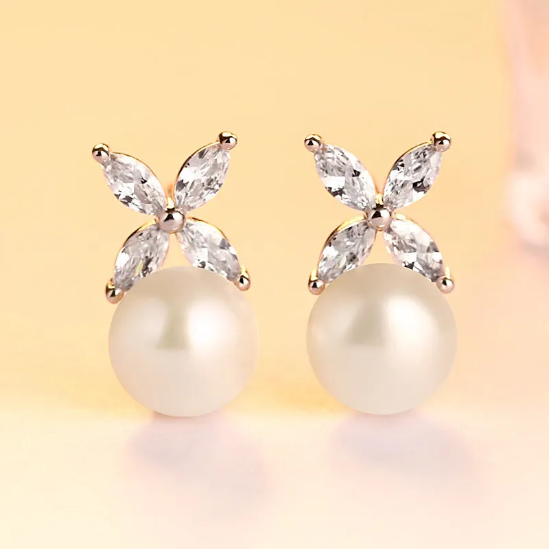 Marquise Zircon Clover with Natural Pearl Silver Studs Earrings for Women