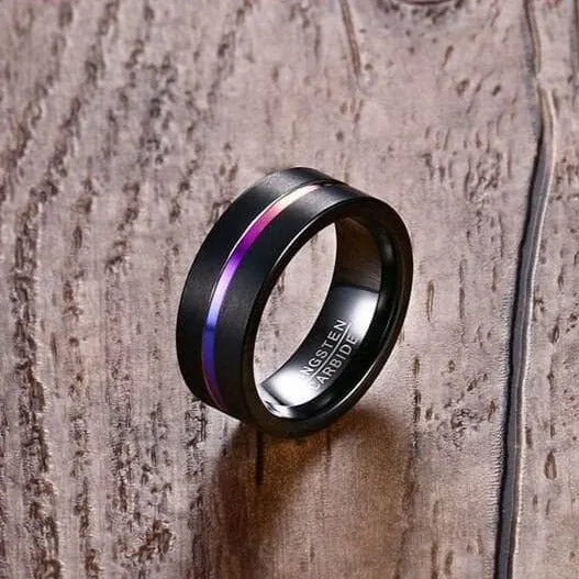 Men's Tungsten Wedding Band with Rainbow Line