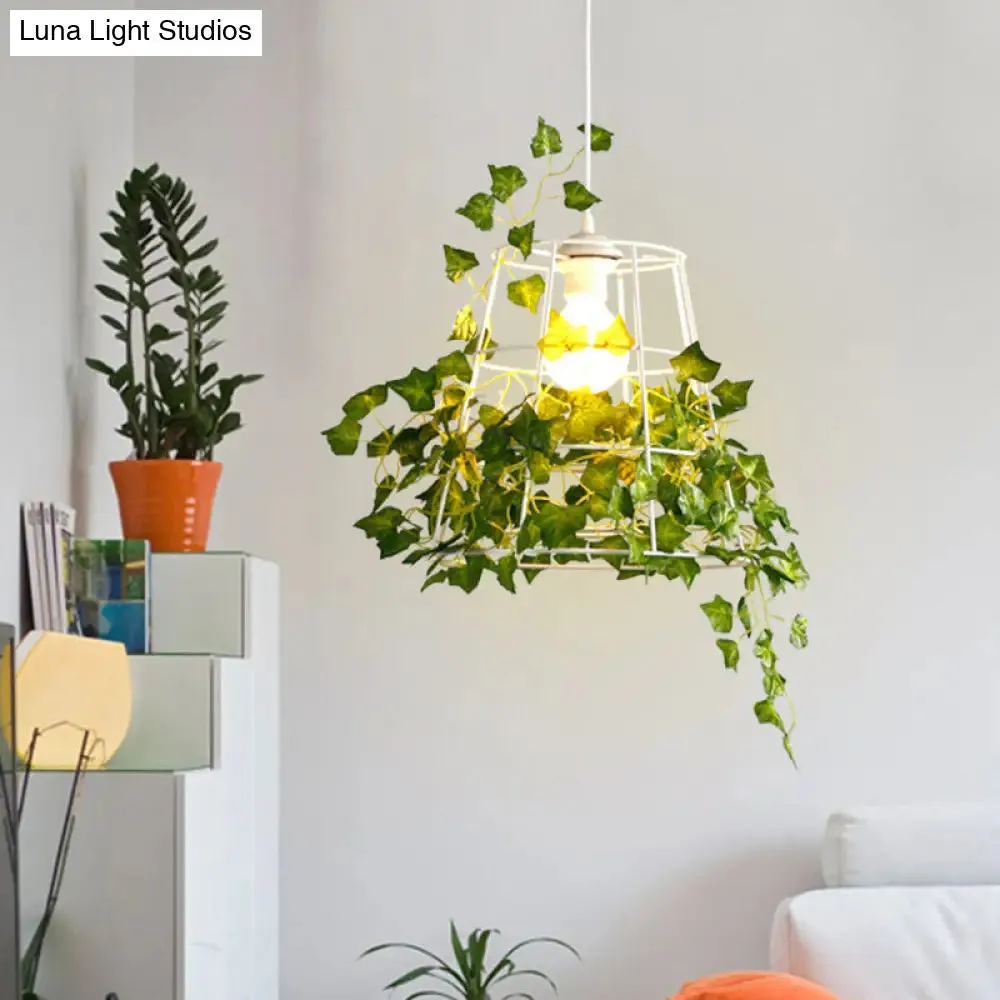 Metal White Pendant Light with Cone Shade: Lodge Style Ceiling Lamp with Wire Frame and Leaf Decoration