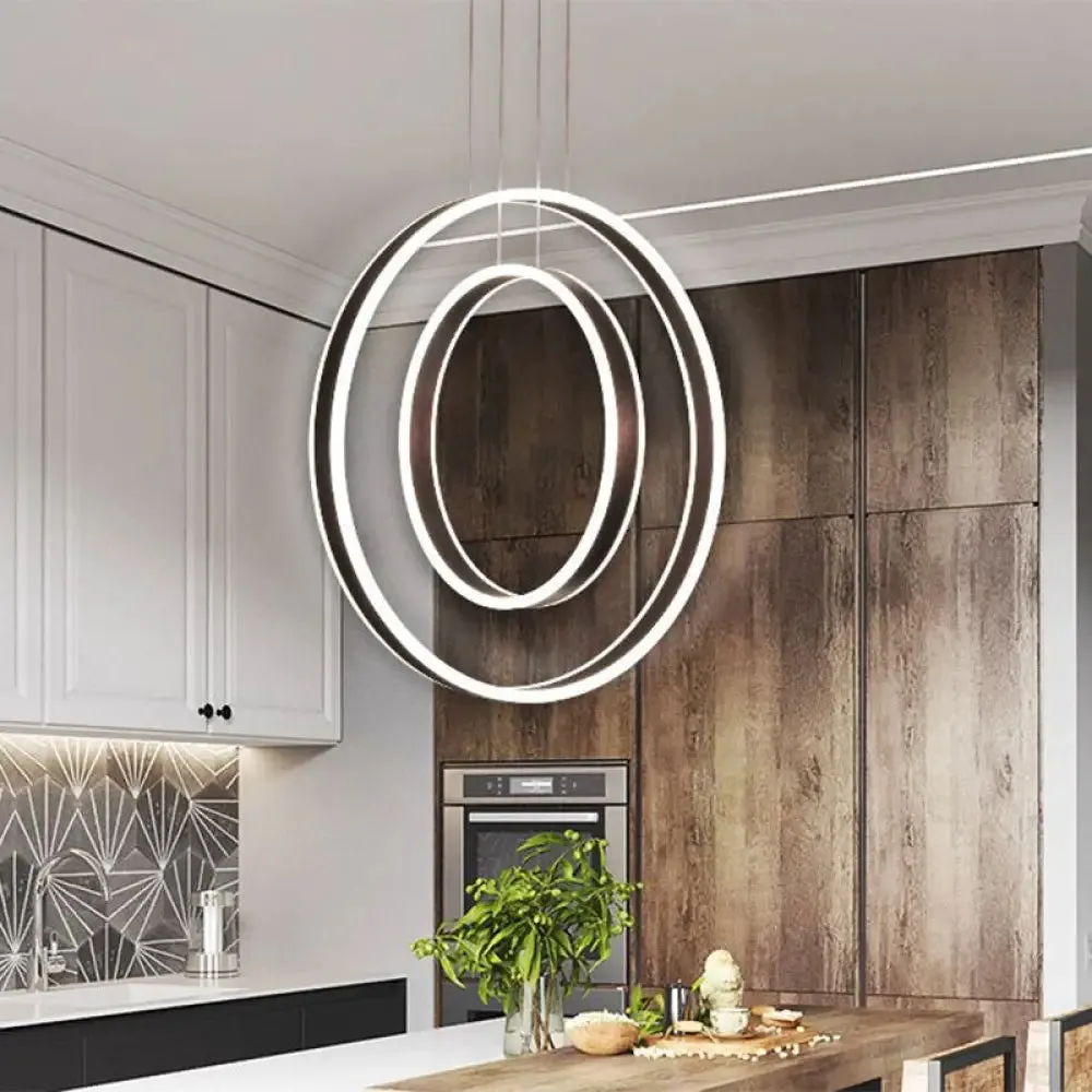 Minimalist LED Dual Hoop Pendant Light with Warm/White Down Lighting - Dark Coffee Aluminum