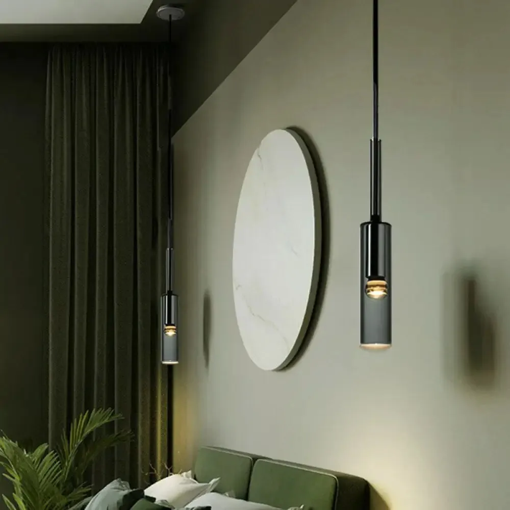 Minimalist Smoke Grey Glass Tube Hanging Light - 1-Light Black Suspension for Bedroom