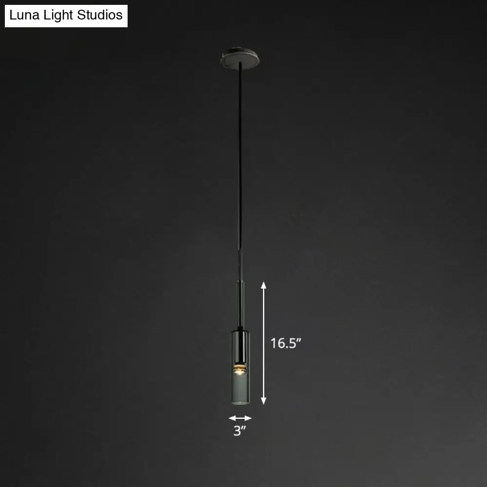 Minimalist Smoke Grey Glass Tube Hanging Light - 1-Light Black Suspension for Bedroom