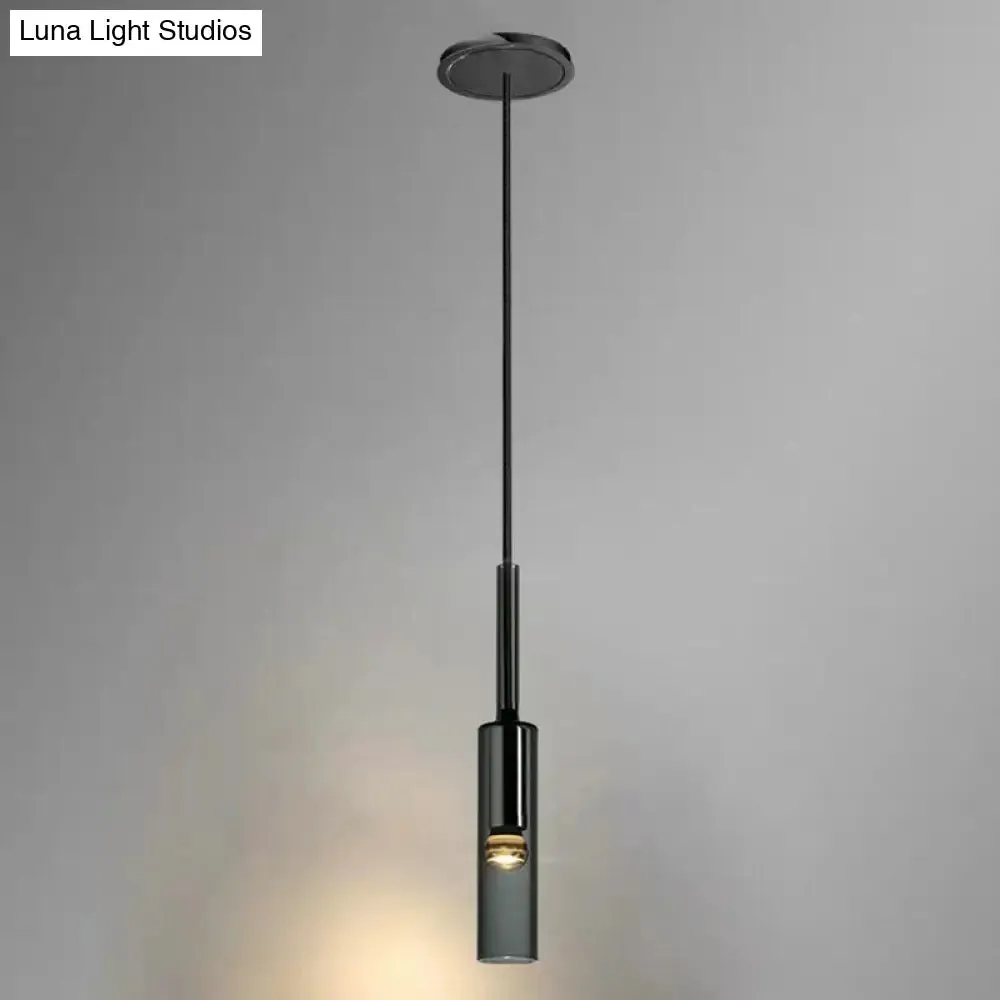 Minimalist Smoke Grey Glass Tube Hanging Light - 1-Light Black Suspension for Bedroom