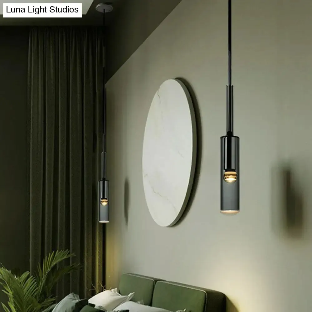 Minimalist Smoke Grey Glass Tube Hanging Light - 1-Light Black Suspension for Bedroom