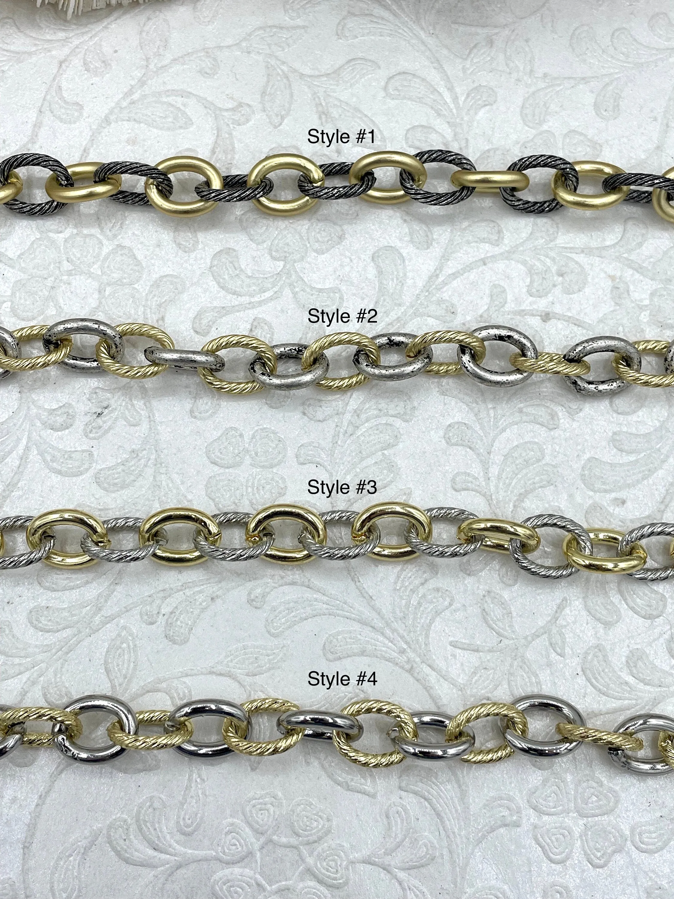 Mixed Link Mixed Metal Textured Cable Chain, Sold by the foot. 13mm x 10mm, 2mm Thick, Electroplated Base Metal, 4 styles, Fast ship