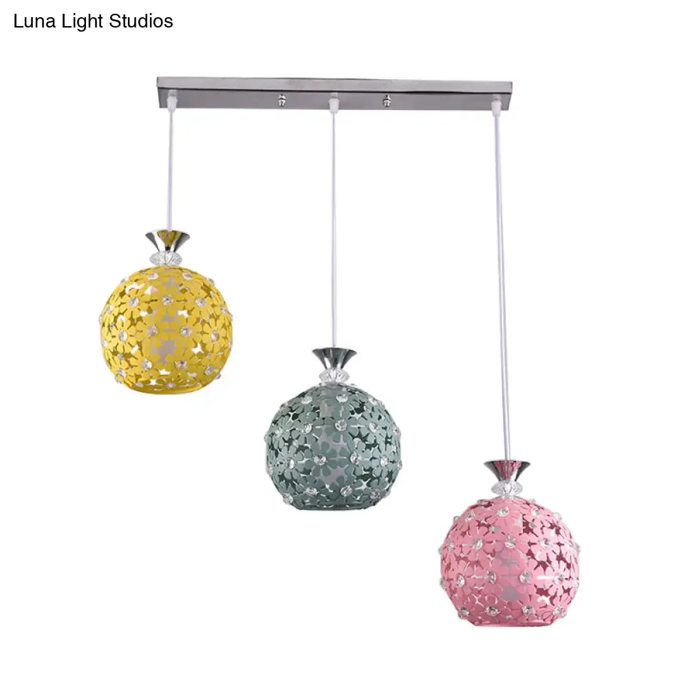 Modern 3-Head Iron Pendant Light with Globe Cluster and Floret Design - Green, Yellow, Pink