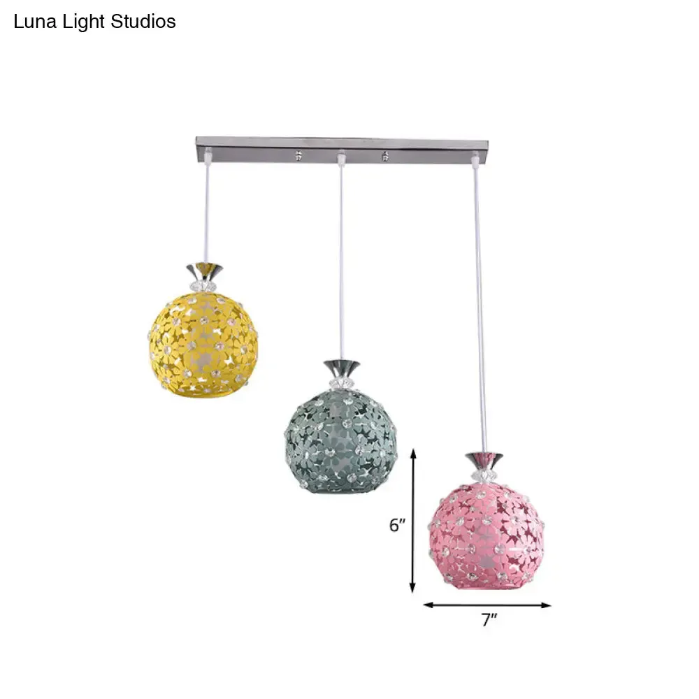 Modern 3-Head Iron Pendant Light with Globe Cluster and Floret Design - Green, Yellow, Pink