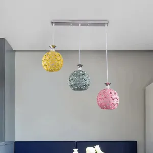 Modern 3-Head Iron Pendant Light with Globe Cluster and Floret Design - Green, Yellow, Pink