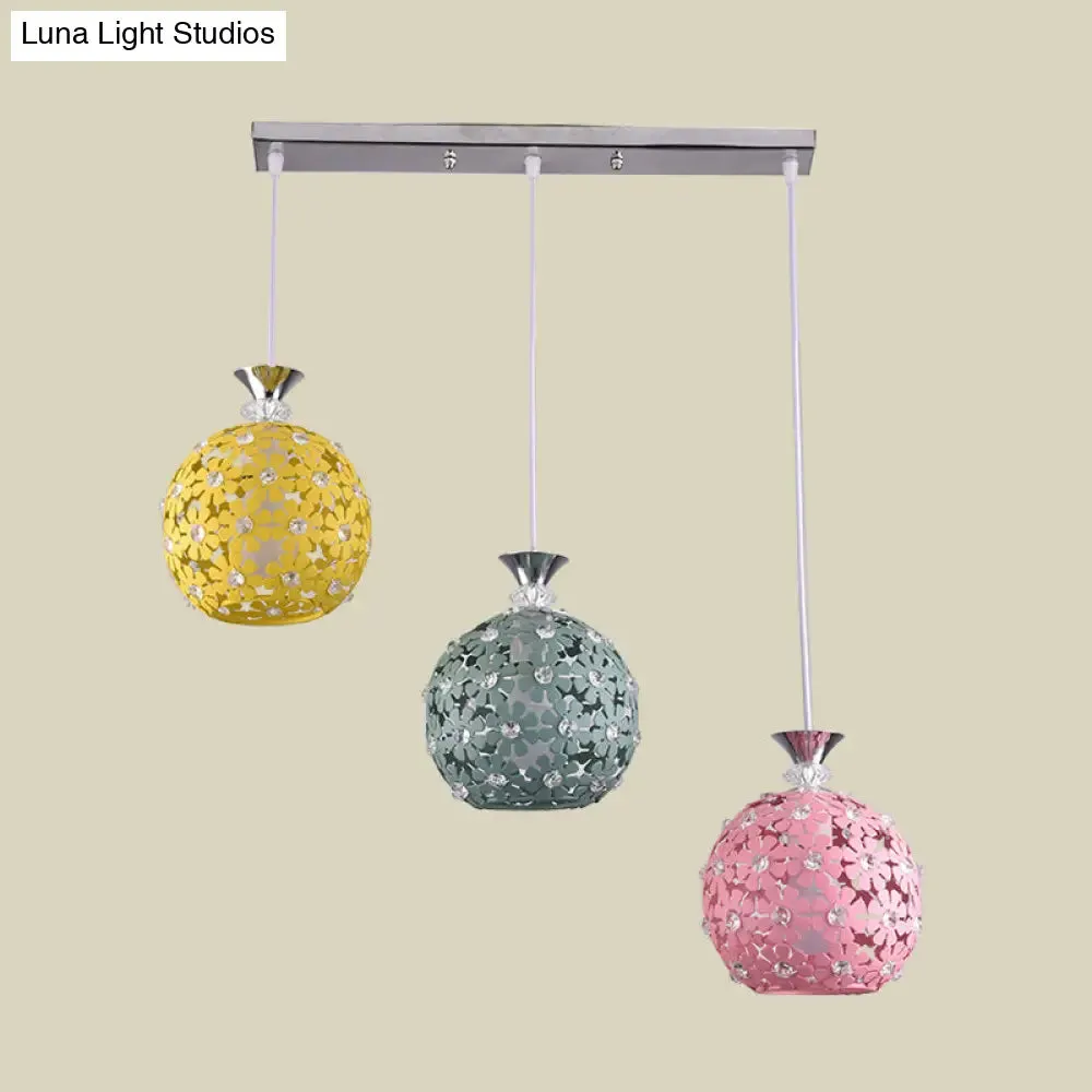 Modern 3-Head Iron Pendant Light with Globe Cluster and Floret Design - Green, Yellow, Pink