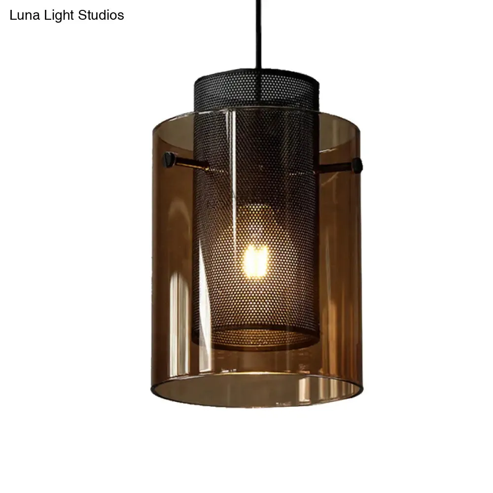 Modern Amber Cylinder Pendant Lamp with Hollow Mesh Screen - Ideal Hanging Light for Kitchen, 1 Bulb