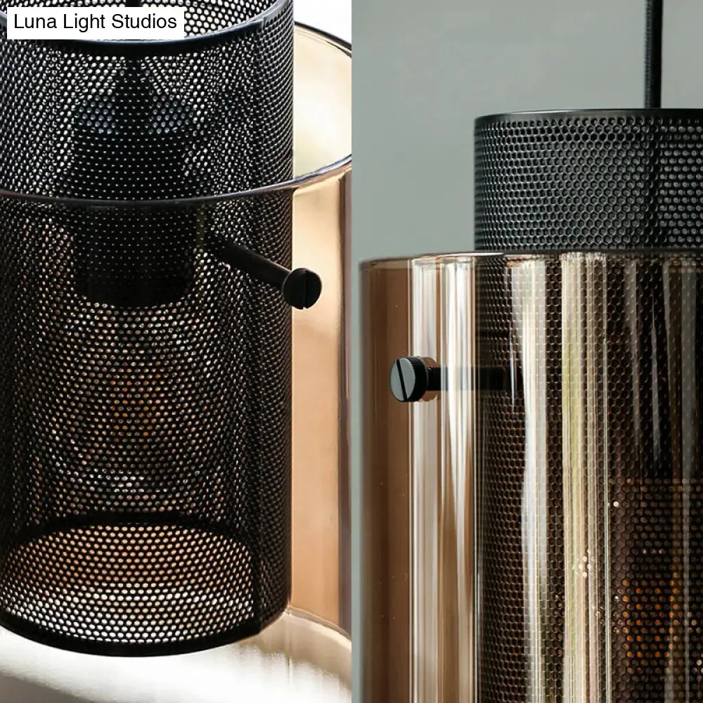 Modern Amber Cylinder Pendant Lamp with Hollow Mesh Screen - Ideal Hanging Light for Kitchen, 1 Bulb