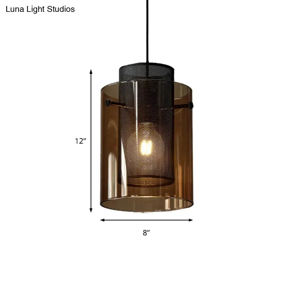 Modern Amber Cylinder Pendant Lamp with Hollow Mesh Screen - Ideal Hanging Light for Kitchen, 1 Bulb