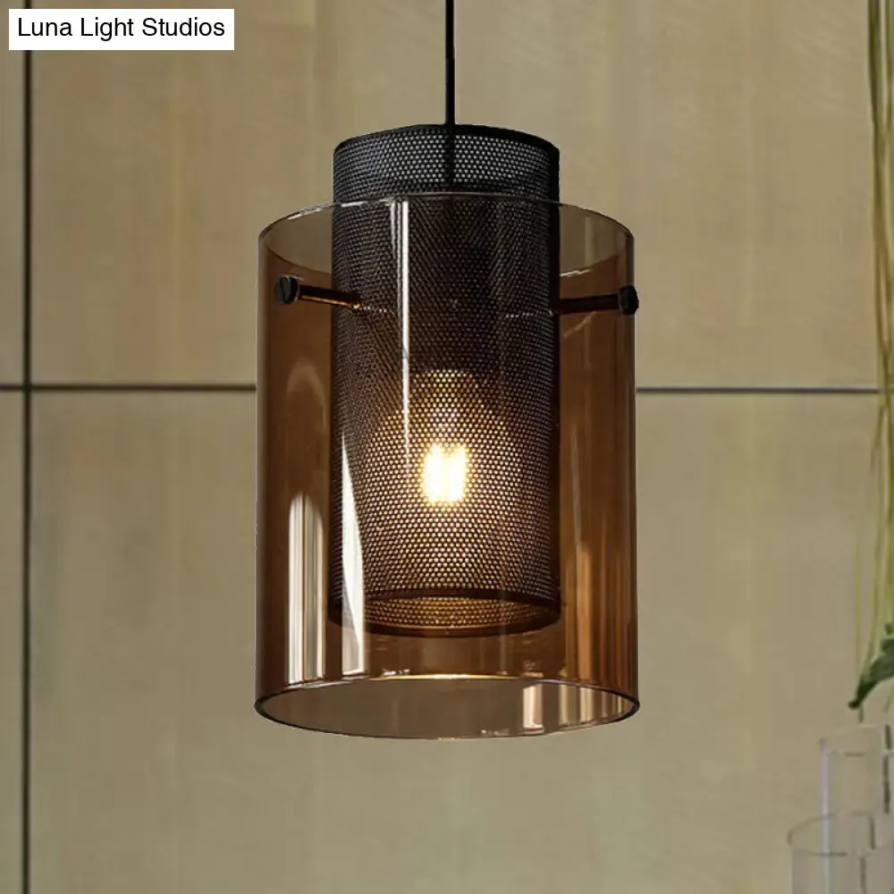 Modern Amber Cylinder Pendant Lamp with Hollow Mesh Screen - Ideal Hanging Light for Kitchen, 1 Bulb