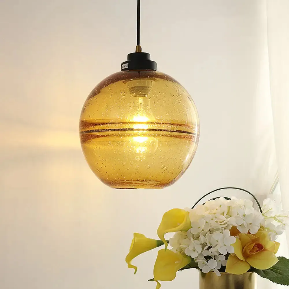 Modern Black Ball Pendant Light with Smoke Gray Bubble Glass - Single Head Suspension