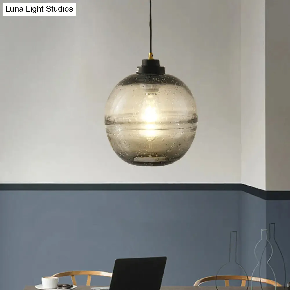 Modern Black Ball Pendant Light with Smoke Gray Bubble Glass - Single Head Suspension