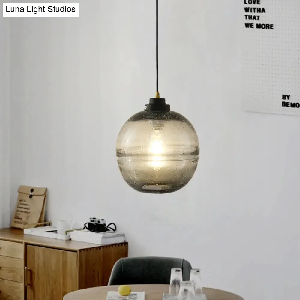 Modern Black Ball Pendant Light with Smoke Gray Bubble Glass - Single Head Suspension