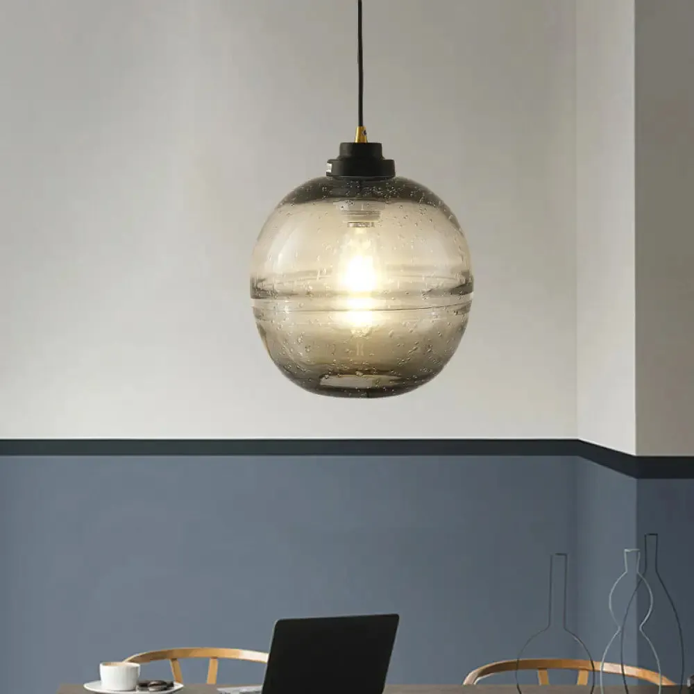 Modern Black Ball Pendant Light with Smoke Gray Bubble Glass - Single Head Suspension