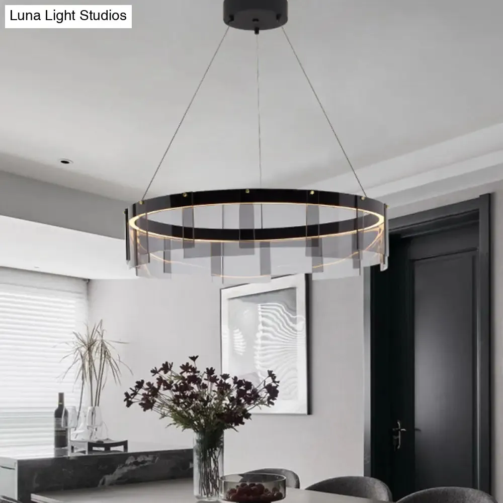 Modern Black Circle Pendant Light with Smoke Grey Glass and LED Technology