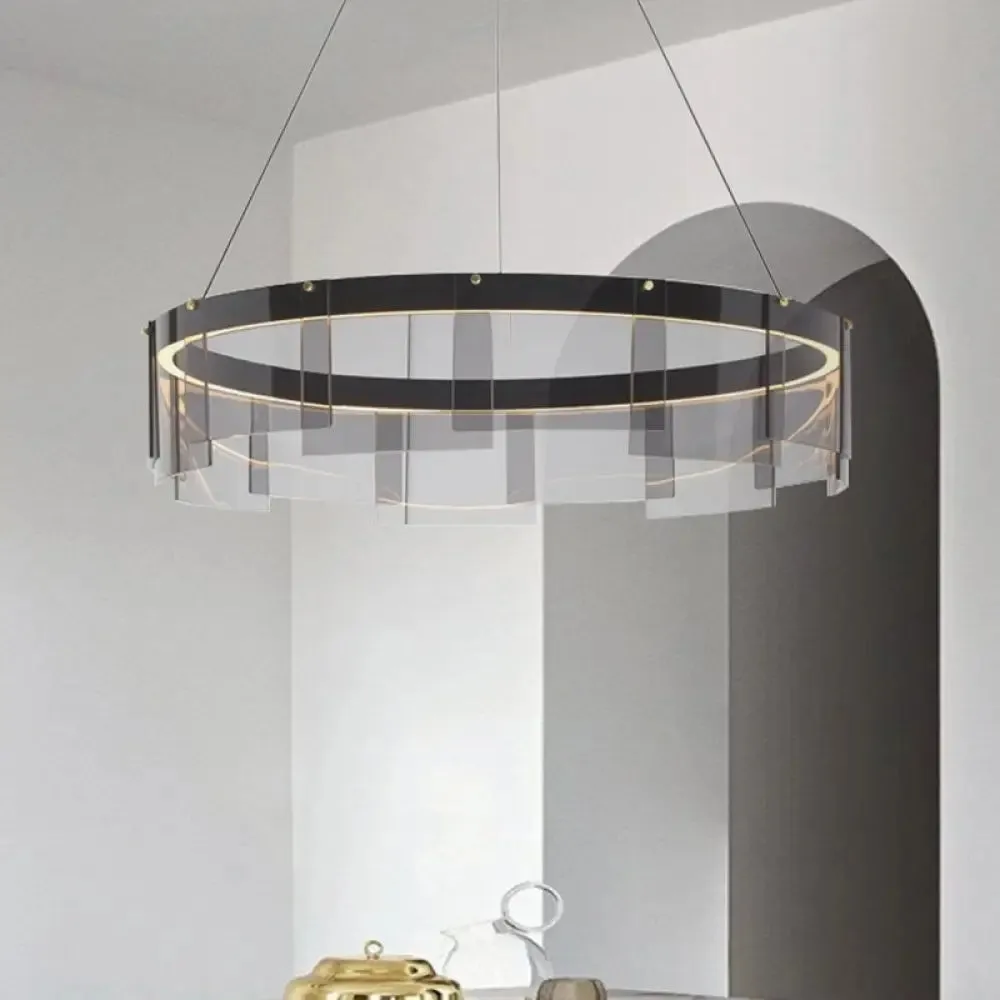 Modern Black Circle Pendant Light with Smoke Grey Glass and LED Technology