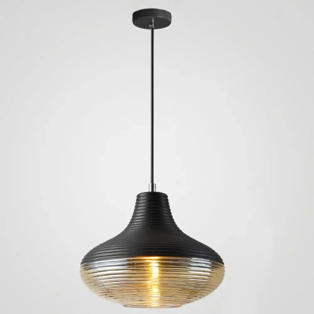 Modern Black Metal Pendant Light with Ribbed Glass Shade - 1-Light Hanging Lamp