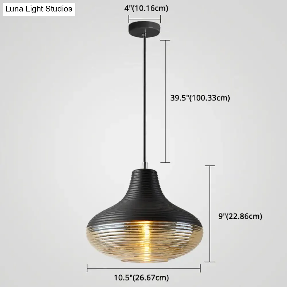 Modern Black Metal Pendant Light with Ribbed Glass Shade - 1-Light Hanging Lamp