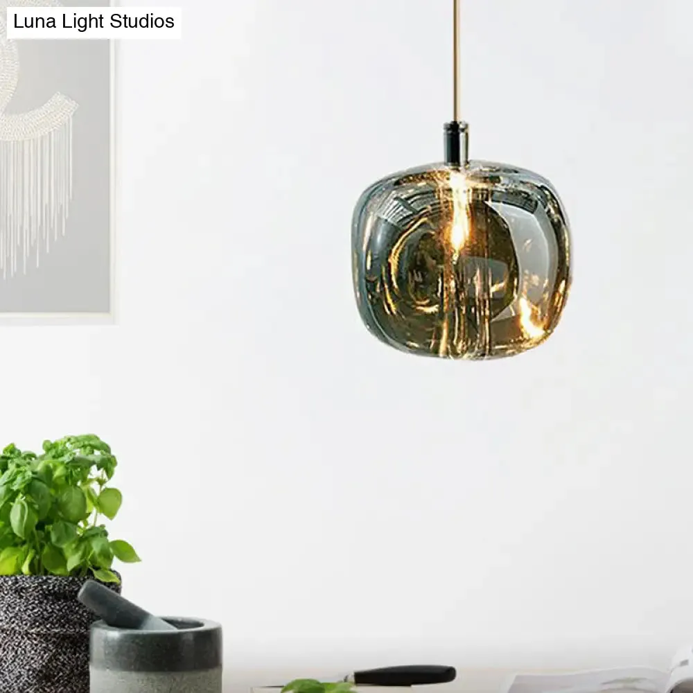 Modern Clear/Amber/Smoke Grey Glass 1 Head Pumpkin Shaped Hanging Light Kit - Brass Bedside Ceiling Suspension Lamp