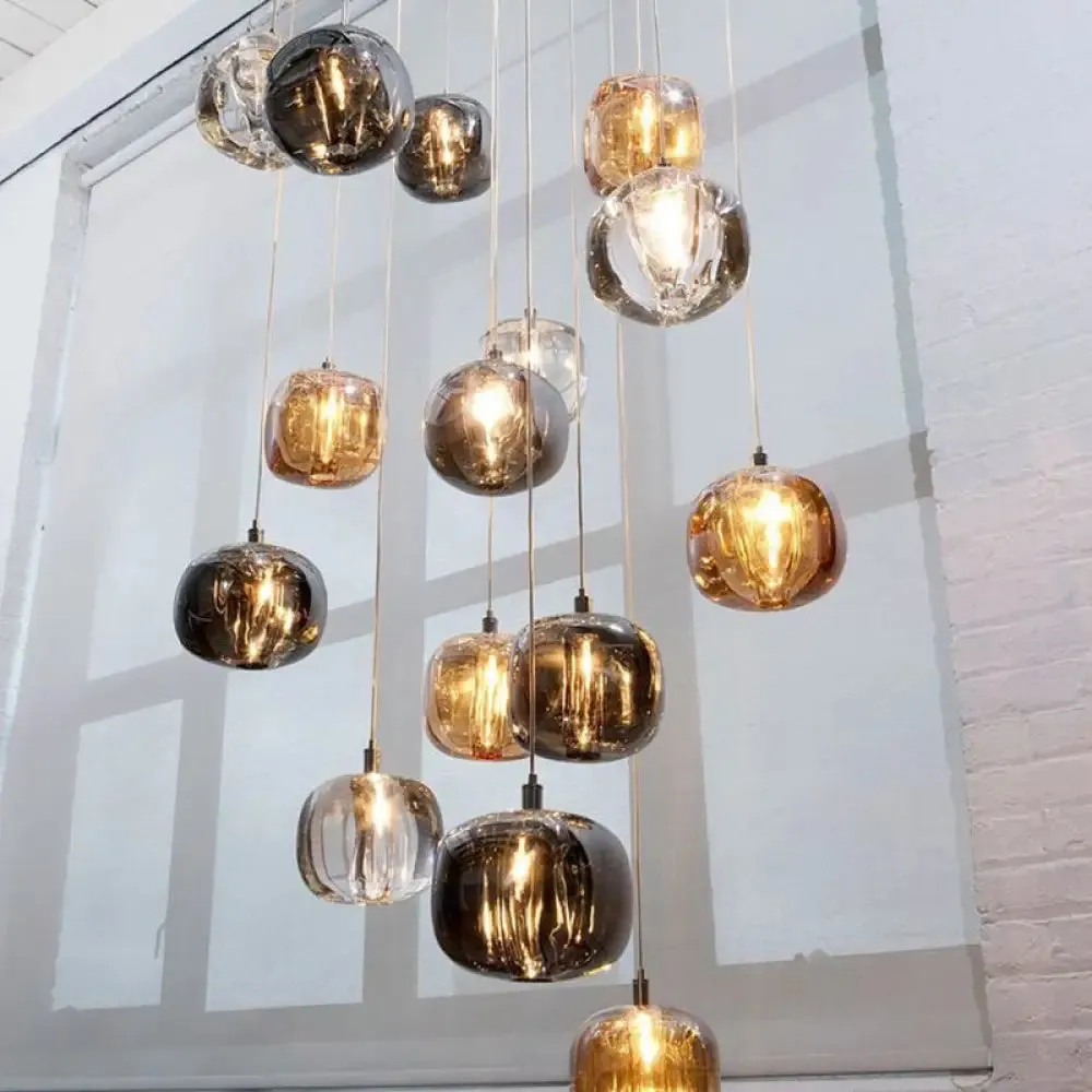 Modern Clear/Amber/Smoke Grey Glass 1 Head Pumpkin Shaped Hanging Light Kit - Brass Bedside Ceiling Suspension Lamp