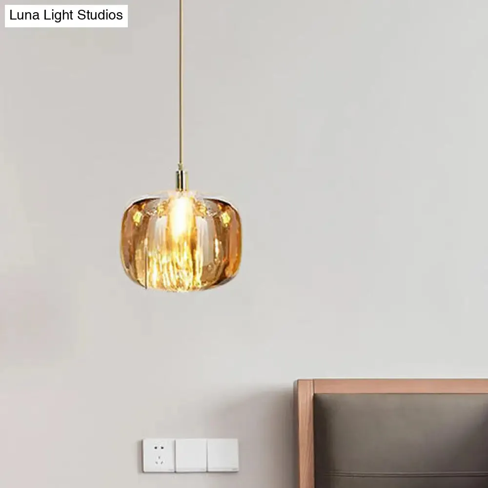 Modern Clear/Amber/Smoke Grey Glass 1 Head Pumpkin Shaped Hanging Light Kit - Brass Bedside Ceiling Suspension Lamp