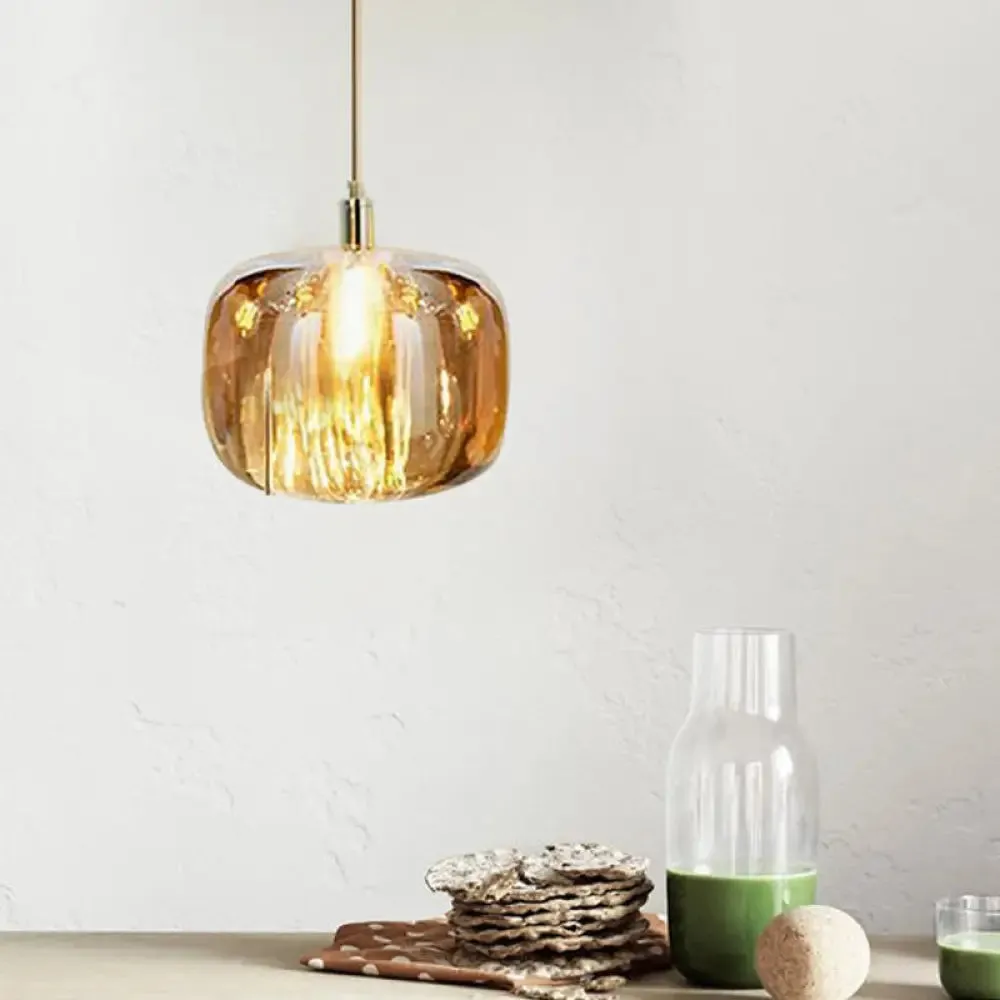 Modern Clear/Amber/Smoke Grey Glass 1 Head Pumpkin Shaped Hanging Light Kit - Brass Bedside Ceiling Suspension Lamp