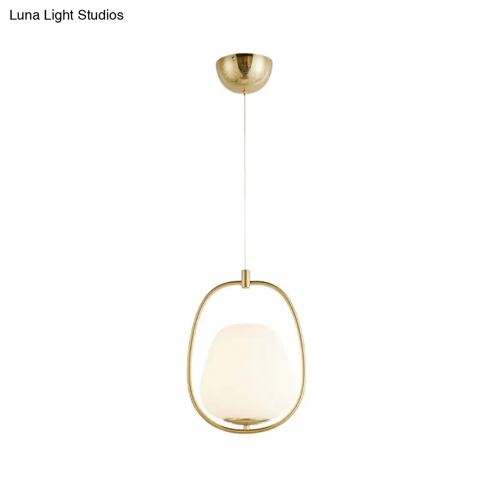 Modern Gold Iron Ring Pendant Lamp with White Glass - Oval Dining Room Fixture