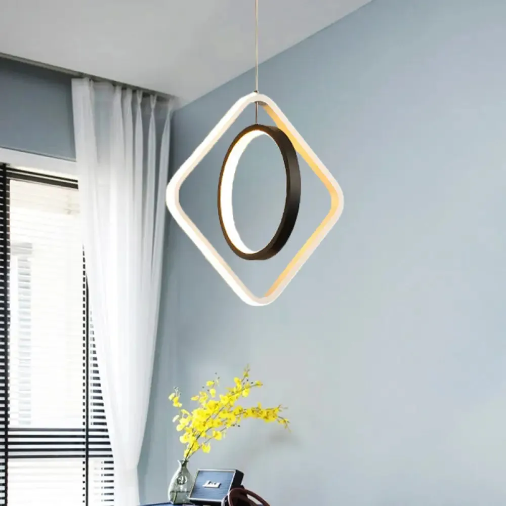 Modern LED Black Hoop and Square Ceiling Pendant Lamp with Acrylic Shade - Warm/White Light