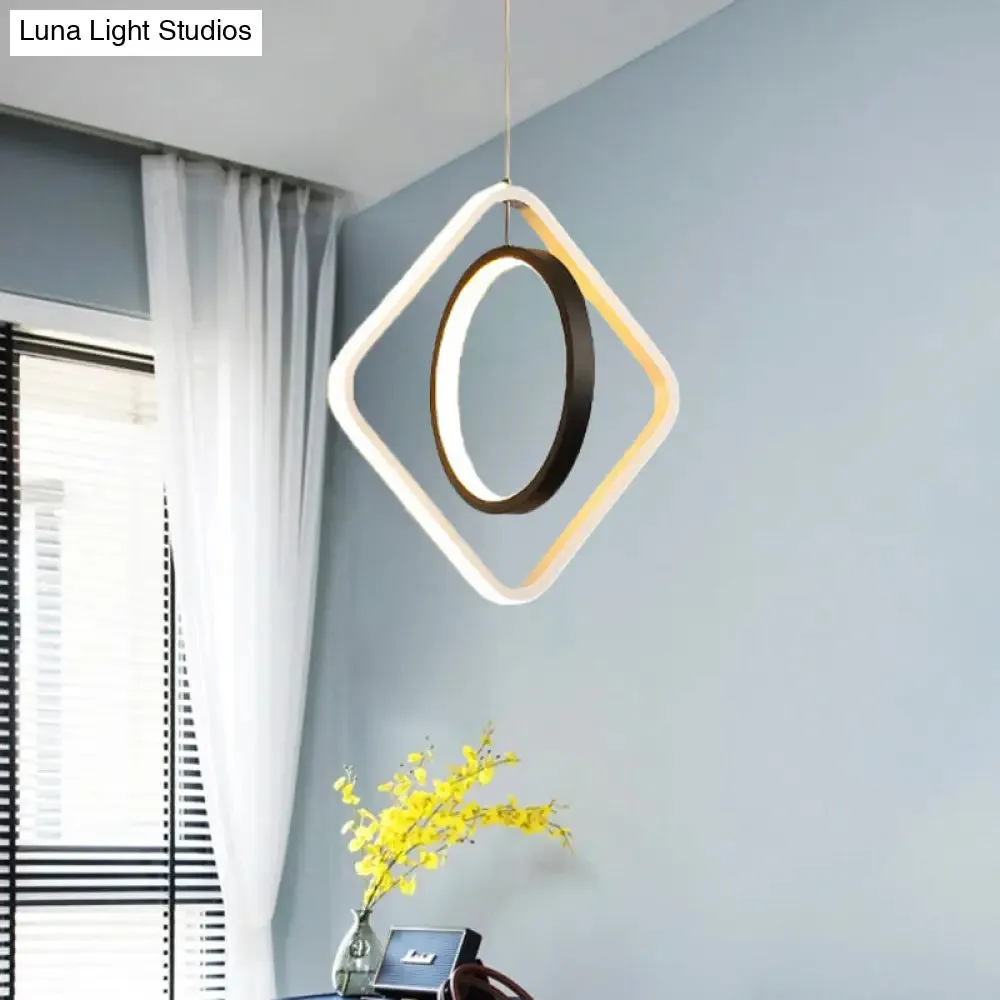 Modern LED Black Hoop and Square Ceiling Pendant Lamp with Acrylic Shade - Warm/White Light