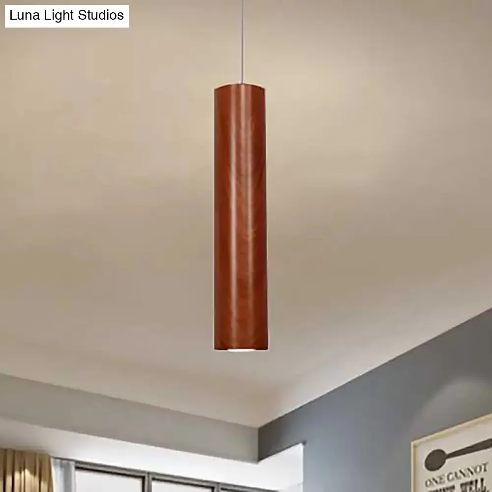 Modern Metal Brown Cylinder Ceiling Light with Wood Grain Shade - Warm/White Pendant Light for Living Room (11"/19"/27" Height)