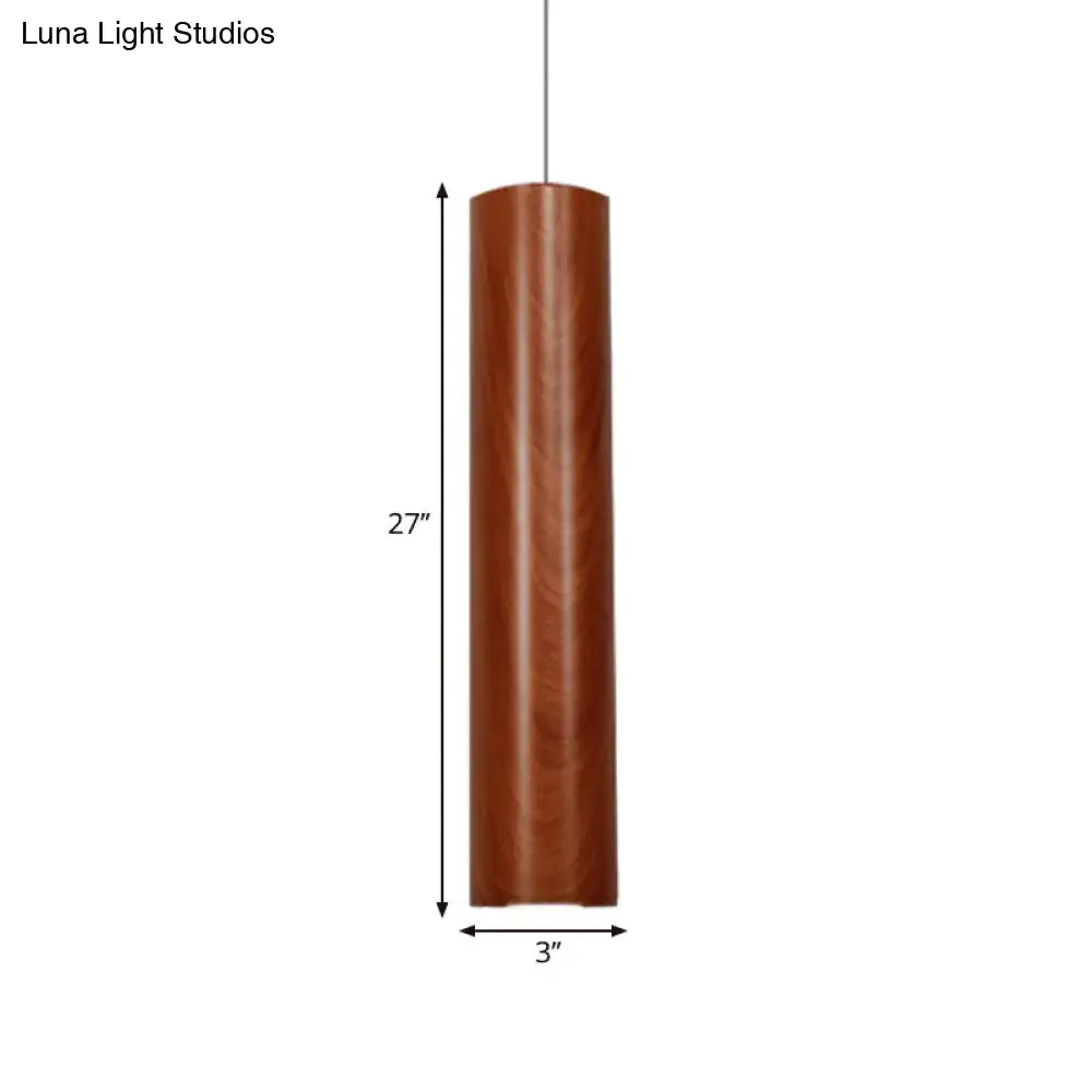 Modern Metal Brown Cylinder Ceiling Light with Wood Grain Shade - Warm/White Pendant Light for Living Room (11"/19"/27" Height)