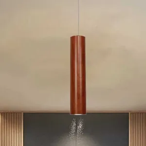 Modern Metal Brown Cylinder Ceiling Light with Wood Grain Shade - Warm/White Pendant Light for Living Room (11"/19"/27" Height)