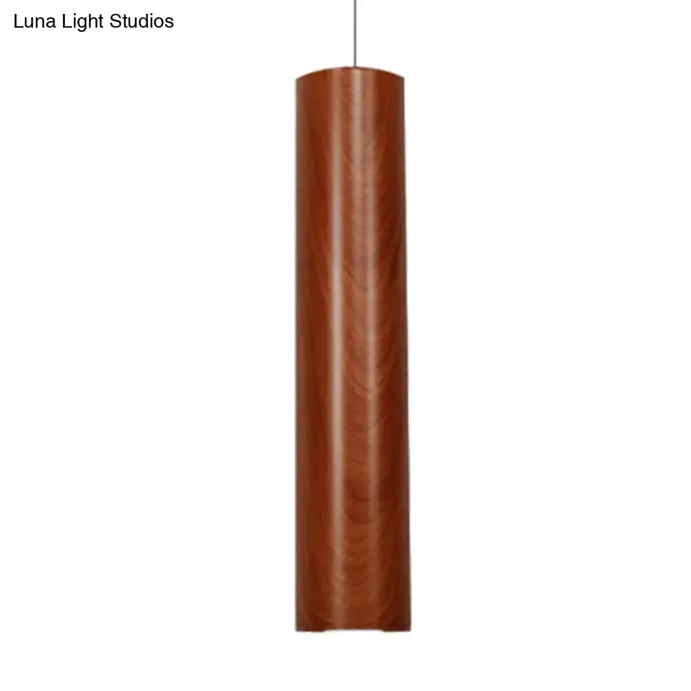 Modern Metal Brown Cylinder Ceiling Light with Wood Grain Shade - Warm/White Pendant Light for Living Room (11"/19"/27" Height)