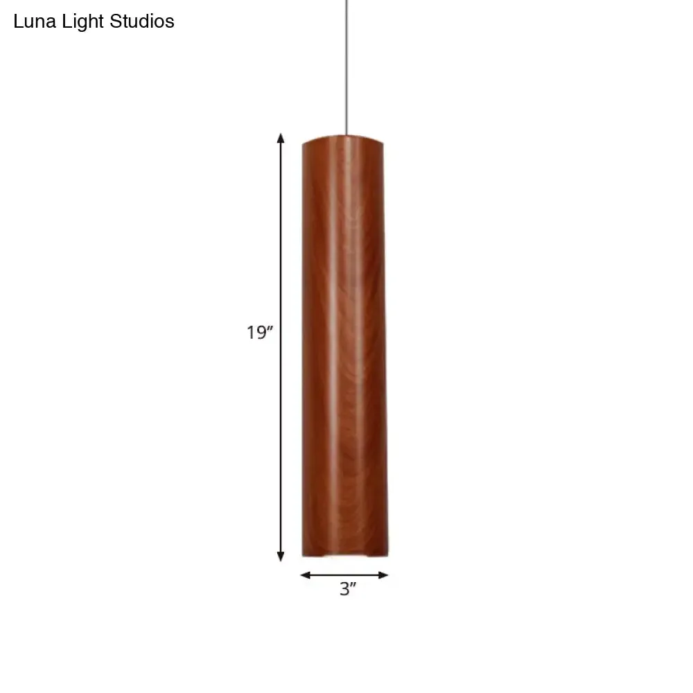 Modern Metal Brown Cylinder Ceiling Light with Wood Grain Shade - Warm/White Pendant Light for Living Room (11"/19"/27" Height)