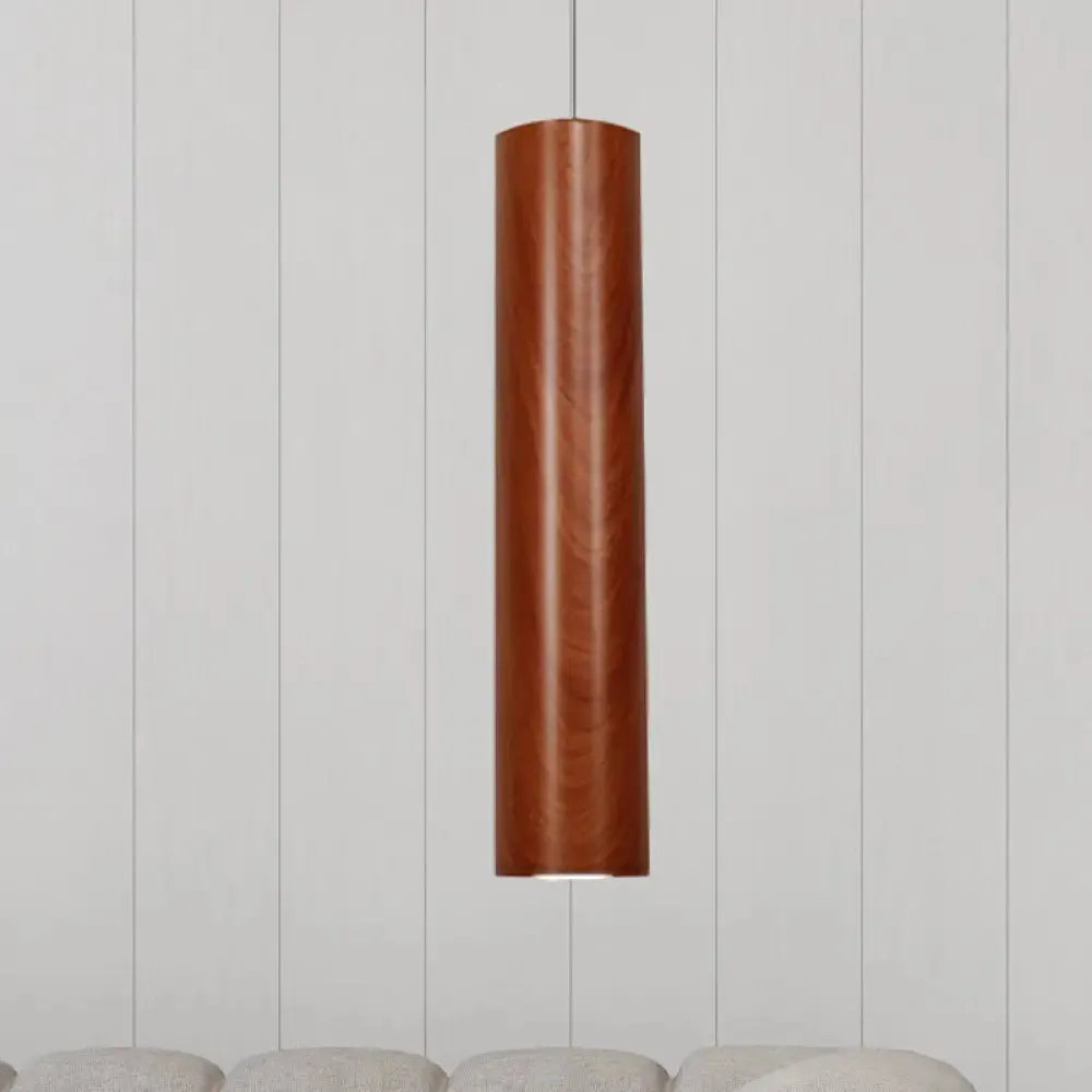 Modern Metal Brown Cylinder Ceiling Light with Wood Grain Shade - Warm/White Pendant Light for Living Room (11"/19"/27" Height)