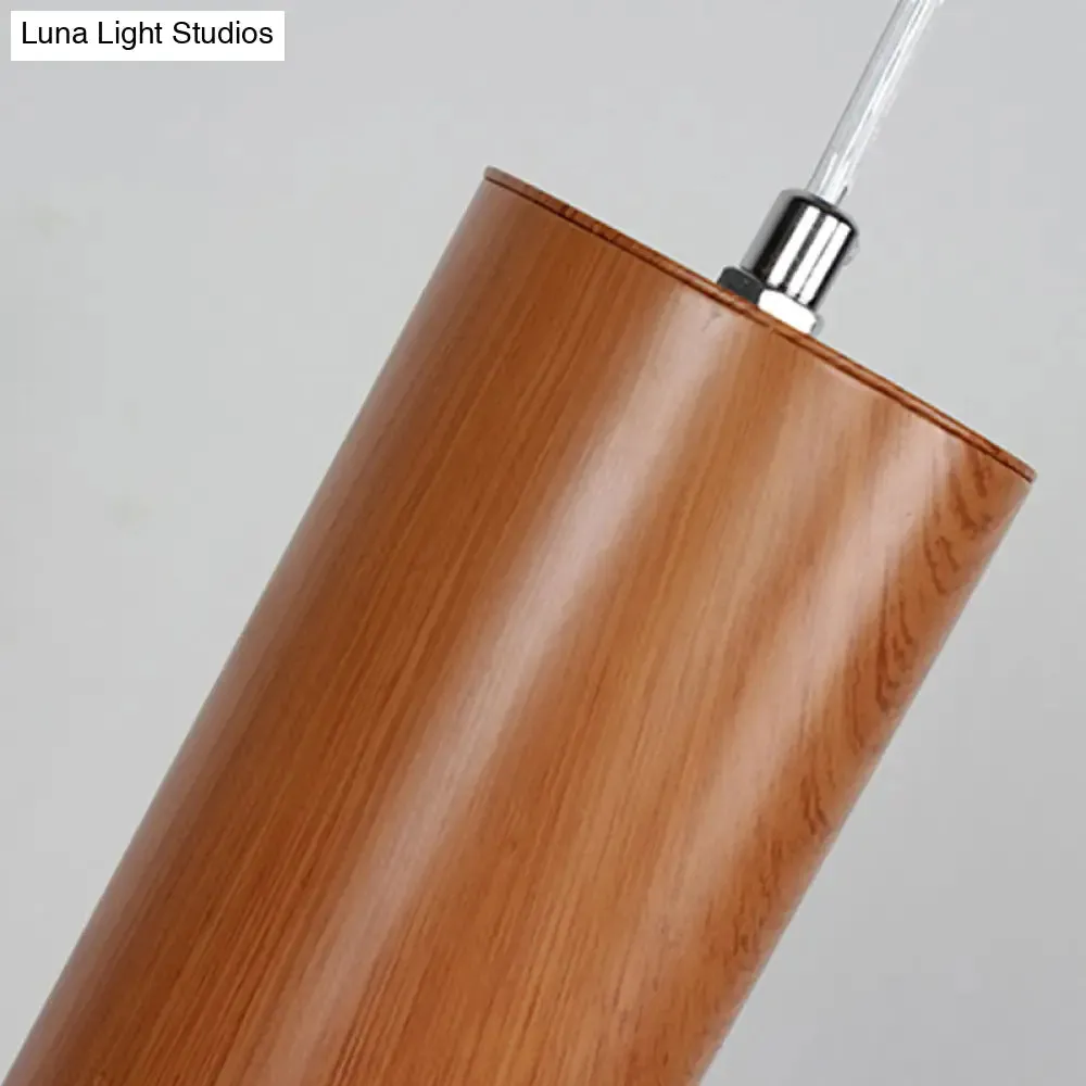 Modern Metal Brown Cylinder Ceiling Light with Wood Grain Shade - Warm/White Pendant Light for Living Room (11"/19"/27" Height)