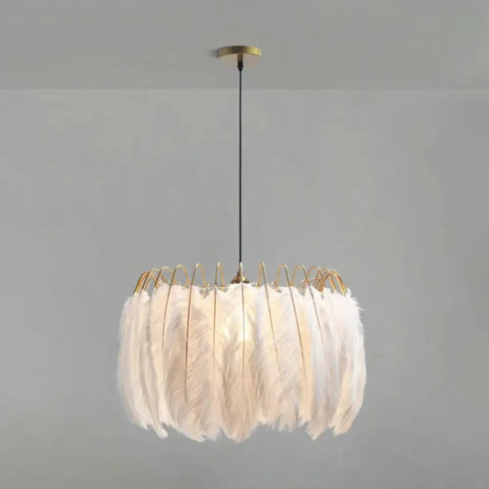 Modern White Feather Pendant Light for Living Room - Round Shape, Hanging Ceiling Light