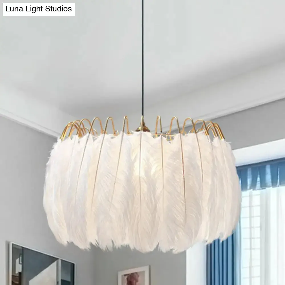 Modern White Feather Pendant Light for Living Room - Round Shape, Hanging Ceiling Light