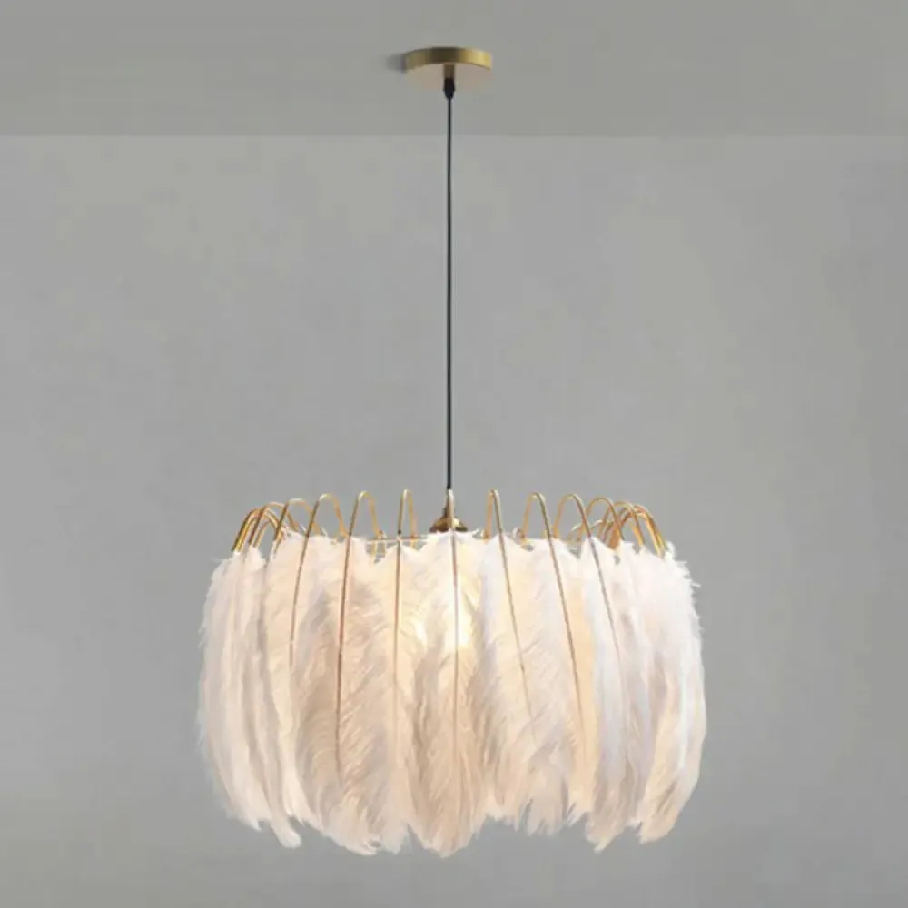 Modern White Feather Pendant Light for Living Room - Round Shape, Hanging Ceiling Light