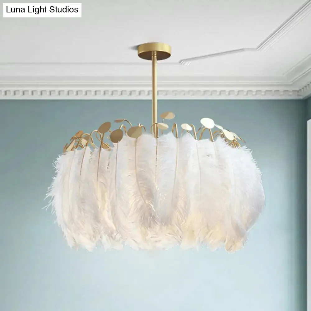 Modern White Feather Pendant Light for Living Room - Round Shape, Hanging Ceiling Light