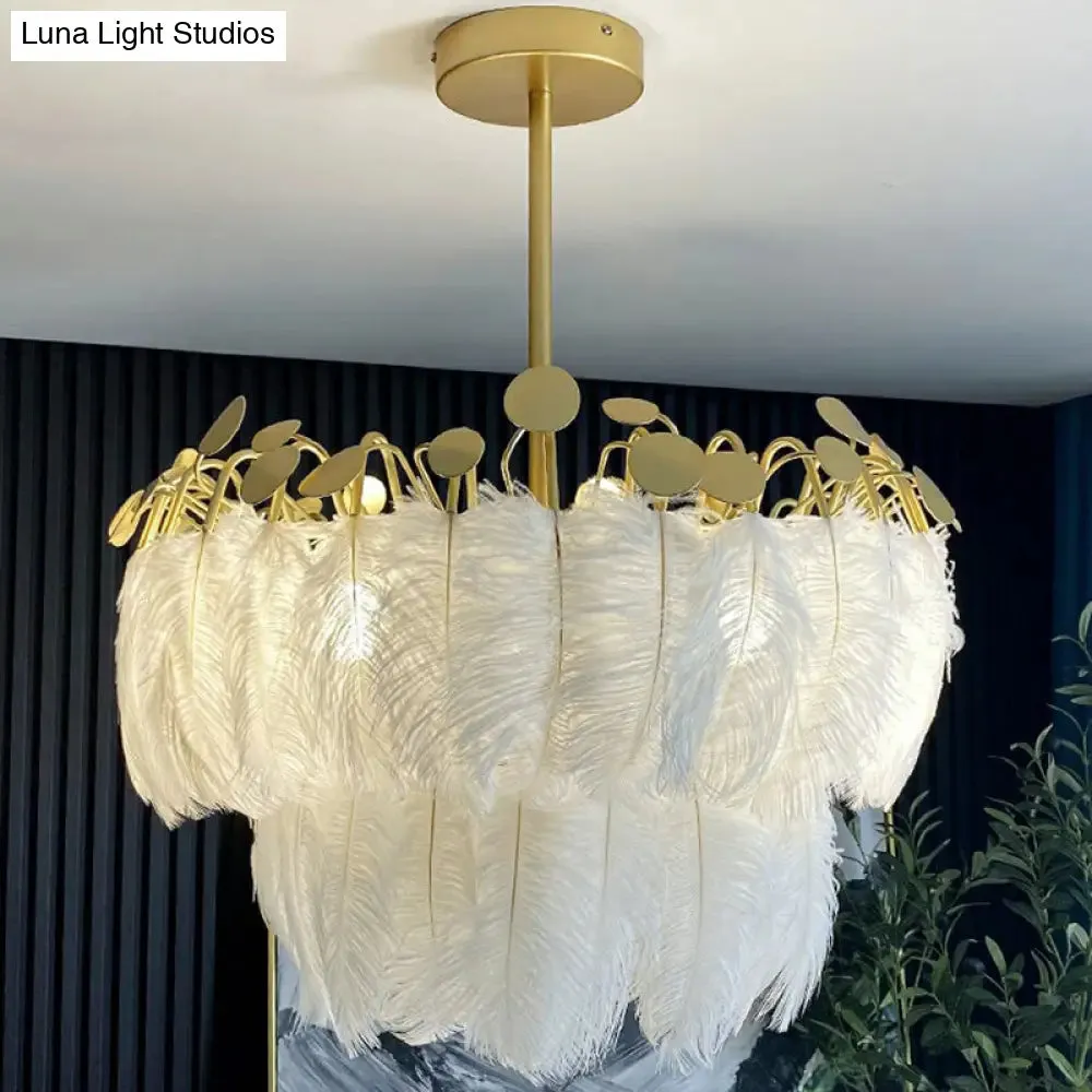 Modern White Feather Pendant Light for Living Room - Round Shape, Hanging Ceiling Light