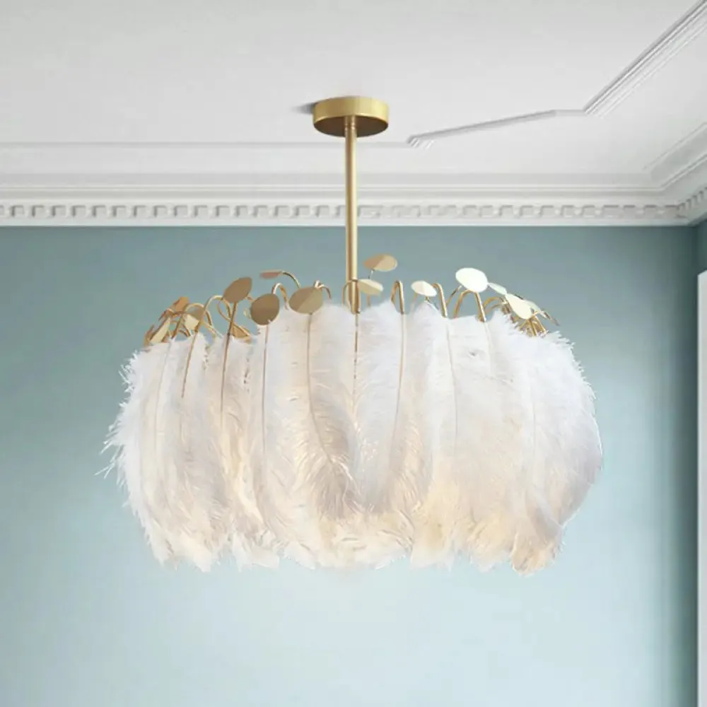 Modern White Feather Pendant Light for Living Room - Round Shape, Hanging Ceiling Light