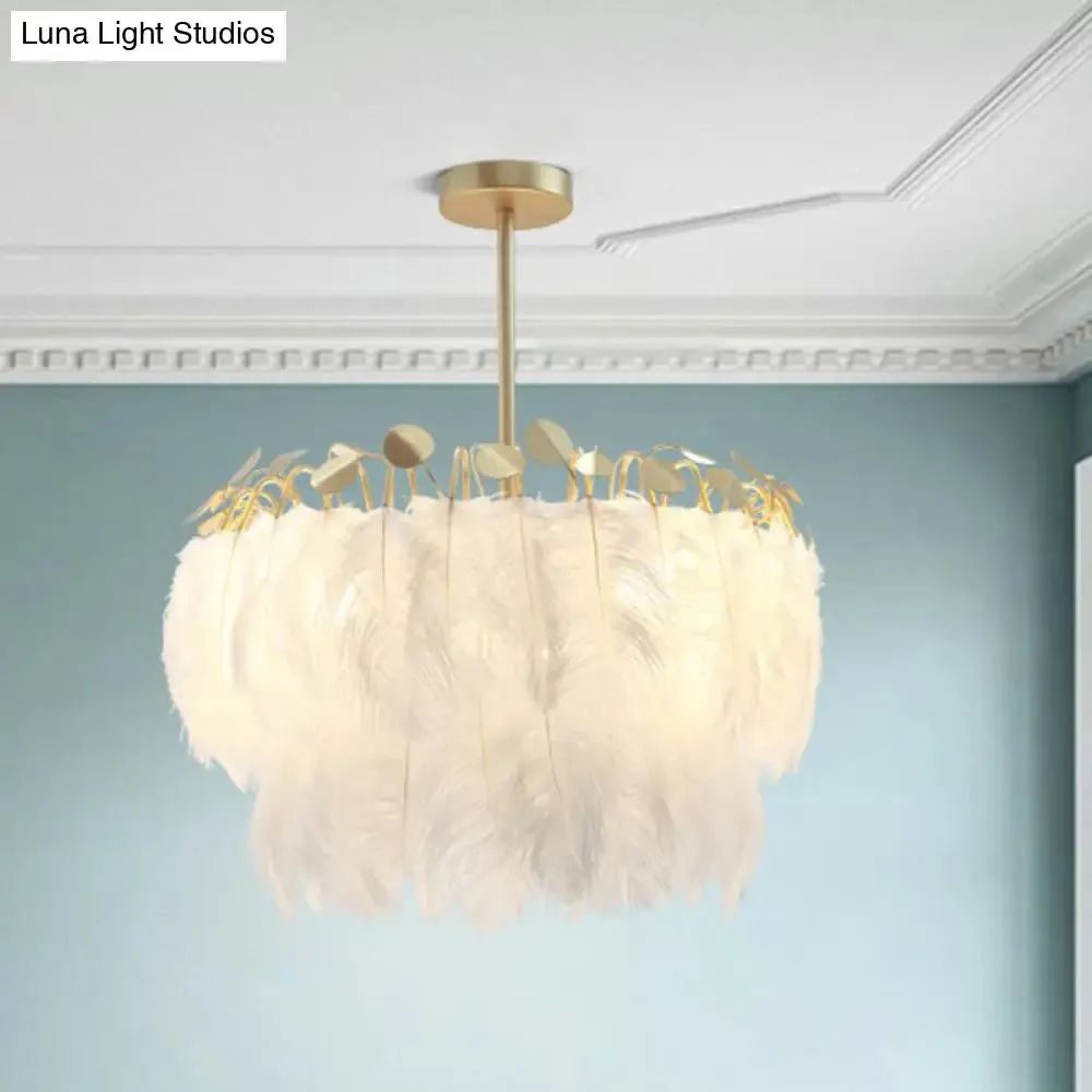 Modern White Feather Pendant Light for Living Room - Round Shape, Hanging Ceiling Light